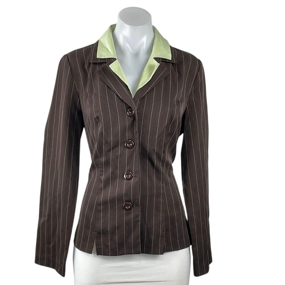 My Michelle Dark Brown Pinstriped Long Sleeve Button Up Blazer Coat Jacket 8
